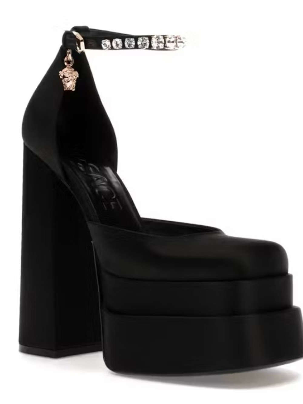 Versace Black Platform Block-Heel Mary Jane with Crystal Ankle Strap